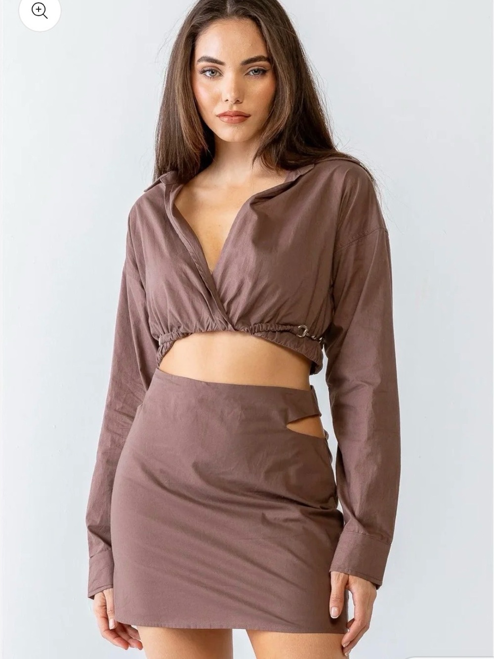 Cropped Collared Top & Mini Skirt Set in Mocha